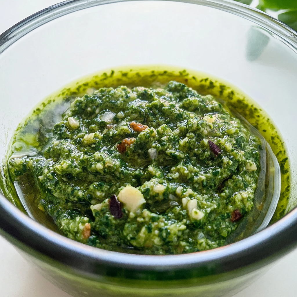 A fresh serving of homemade Thai basil pesto garnished with herbs.