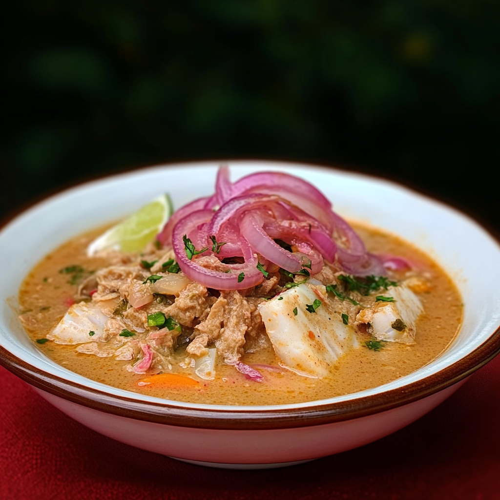 Authentic Ecuadorian Encebollado - Hearty fish soup with lime-pickled onions, yuca, and tuna