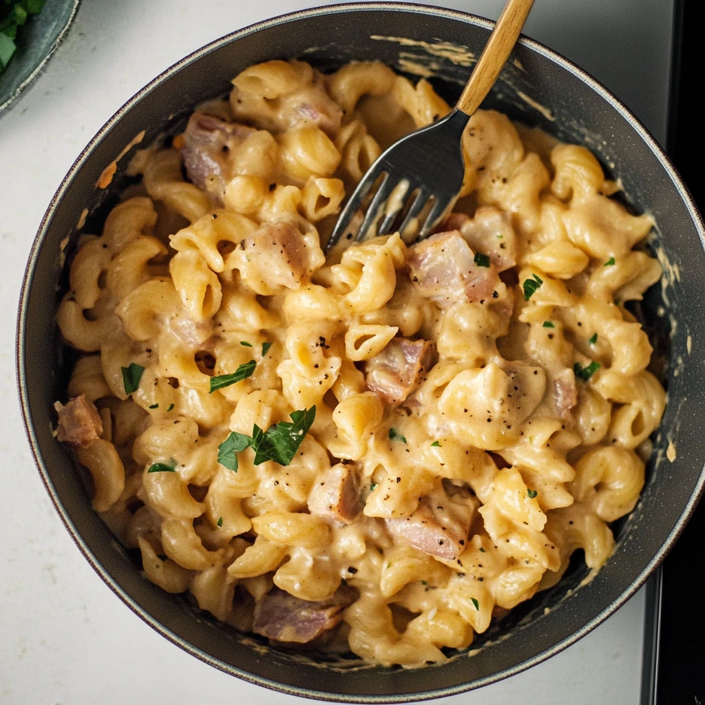 Homemade Tuna Helper served on a plate with a sprinkle of fresh herbs