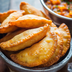 A plate of empanadas venezolanas served with guasacaca sauce.