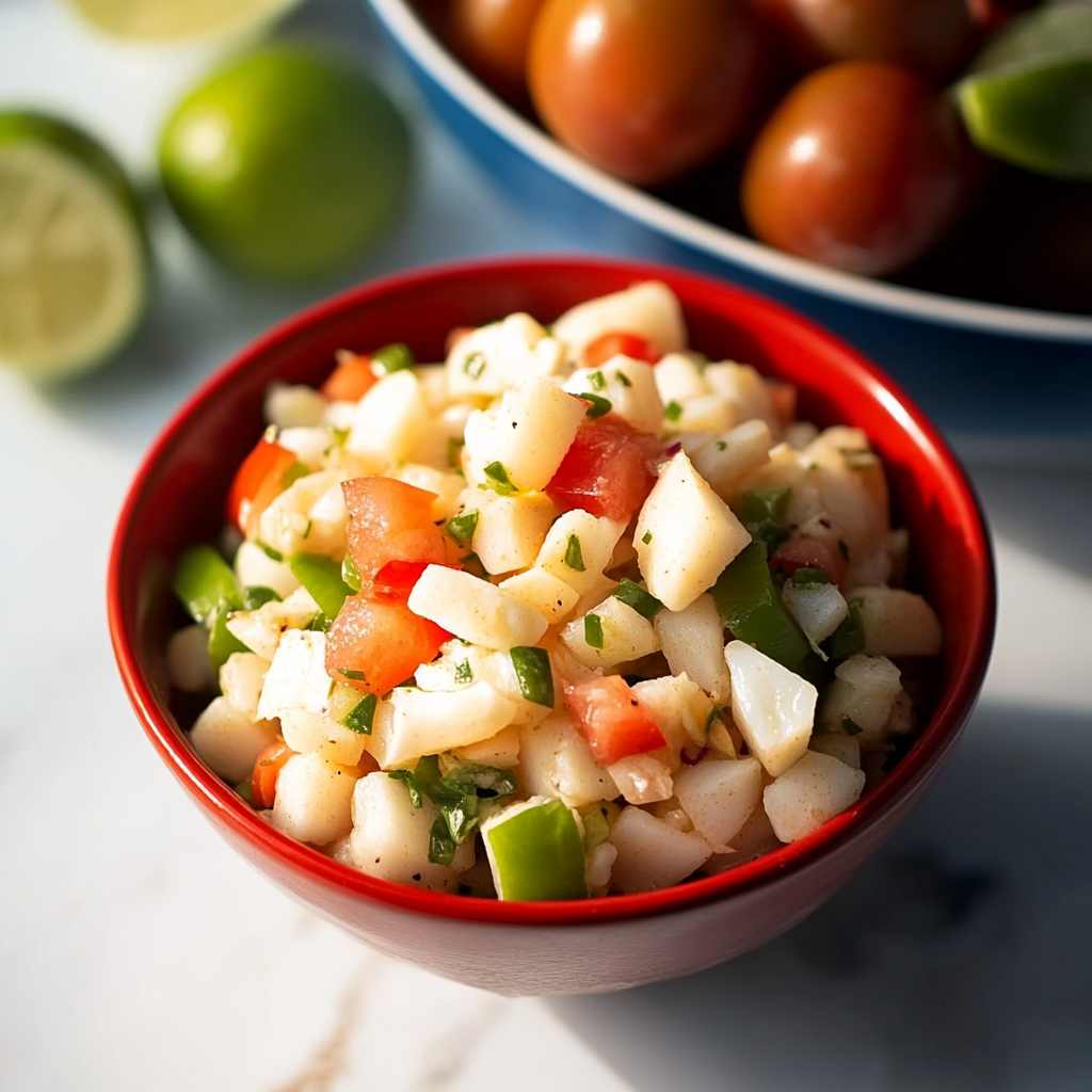 Fresh conch salad made with diced vegetables and citrus juice, perfect for a tropical dish.