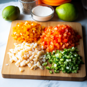 Diced tomatoes, bell peppers, and sweet onions ready for making conch salad.