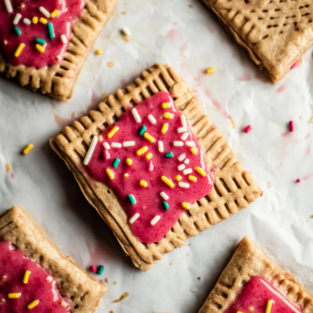 A homemade chocolate protein pop tart with a chocolate drizzle and sprinkles.