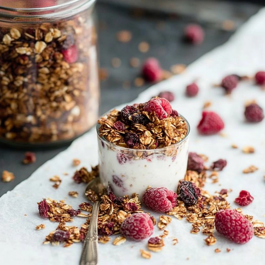 Bowl of dried raspberries granola with oats, nuts, and seeds, perfect for a healthy breakfast