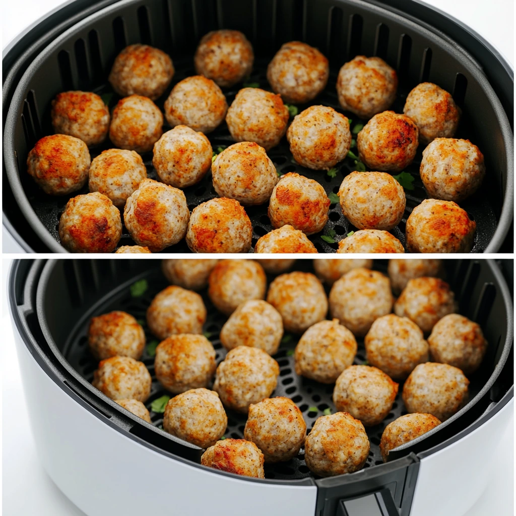 Air-fried frozen meatballs served with dipping sauce on a white plate. 
