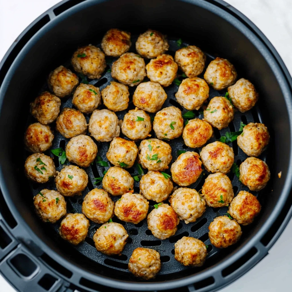 Air-fried frozen meatballs on a serving platter, garnished with parsley. 