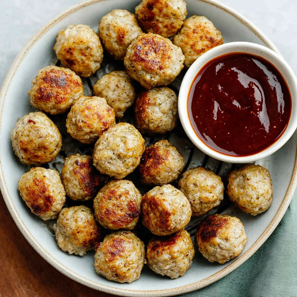 A plate of crispy air-fried frozen meatballs, garnished with fresh herbs.