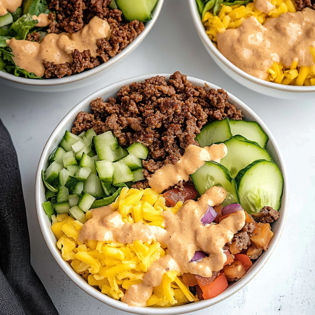 Cheeseburger bowl variation with crispy bacon, avocado, and a drizzle of burger sauce.