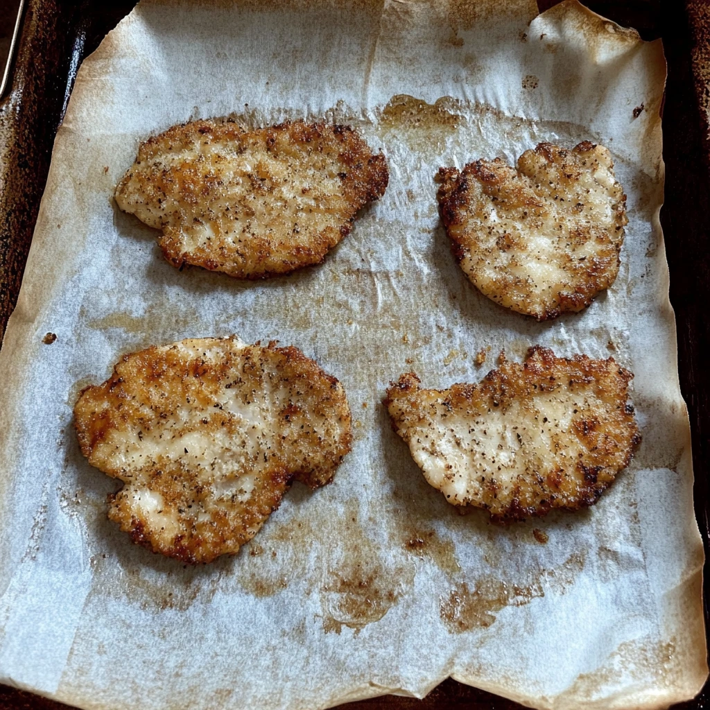A close-up of a golden baked chicken cutlet with a crispy panko coating.