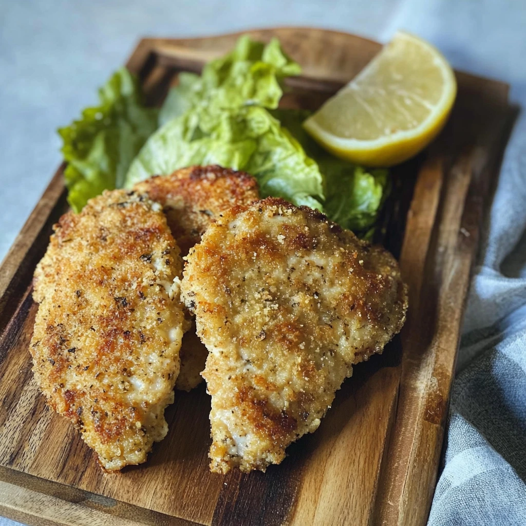 Golden, crispy baked chicken cutlets served on a plate with a side of fresh salad.