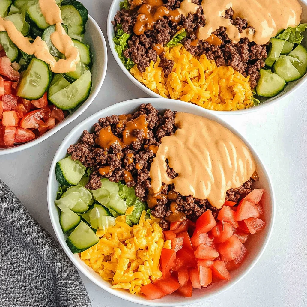 Close-up of a cheeseburger bowl topped with ground beef, cheddar cheese, pickles, and cherry tomatoes.