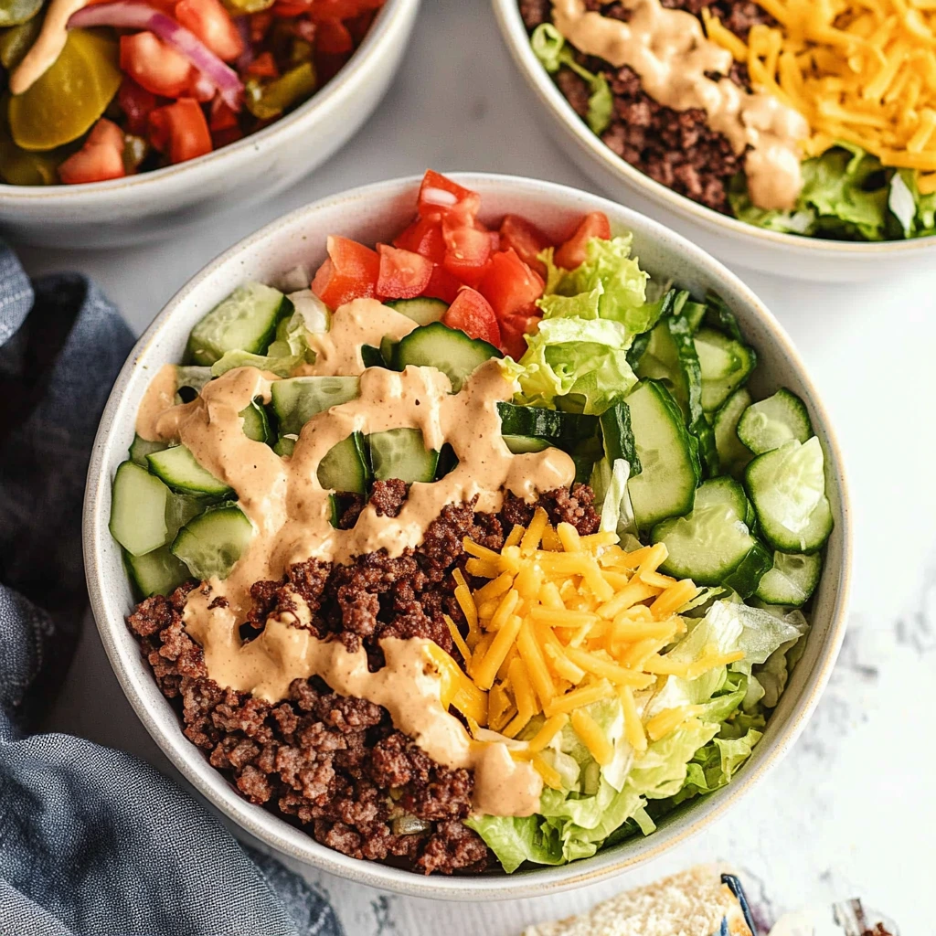 A hearty cheeseburger bowl with ground beef, shredded cheese, lettuce, tomatoes, and pickles.