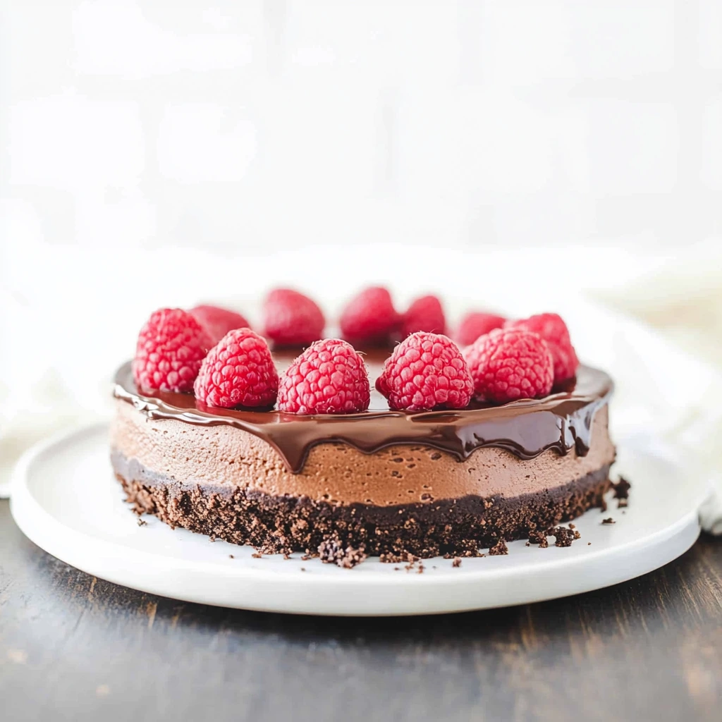 Close-up view of a slice of chocolate cheese cheesecake, highlighting its rich layers and smooth texture.