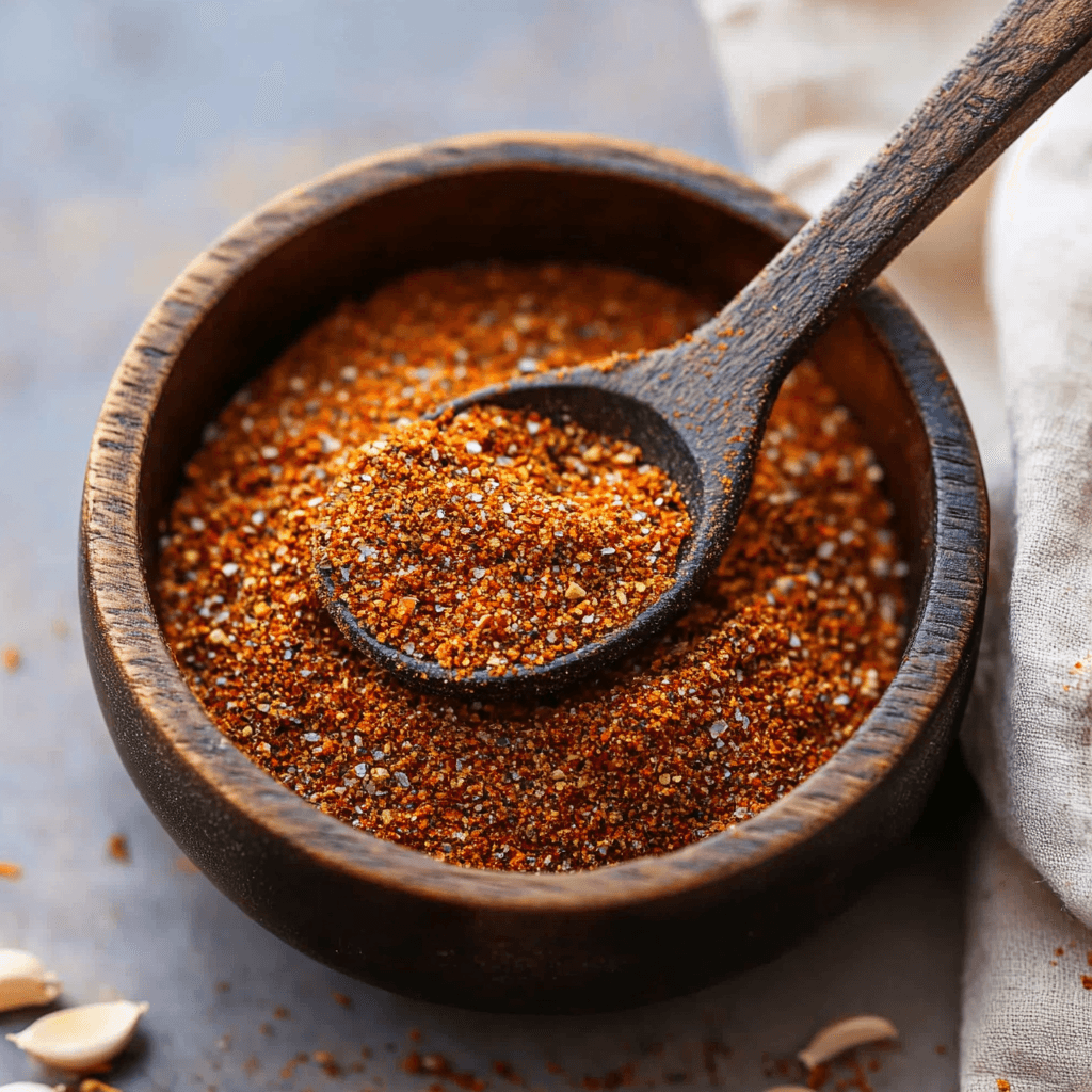 Close-up of chorizo seasoning ingredients, including paprika, chili powder, and oregano, spread out on a rustic wooden surface.