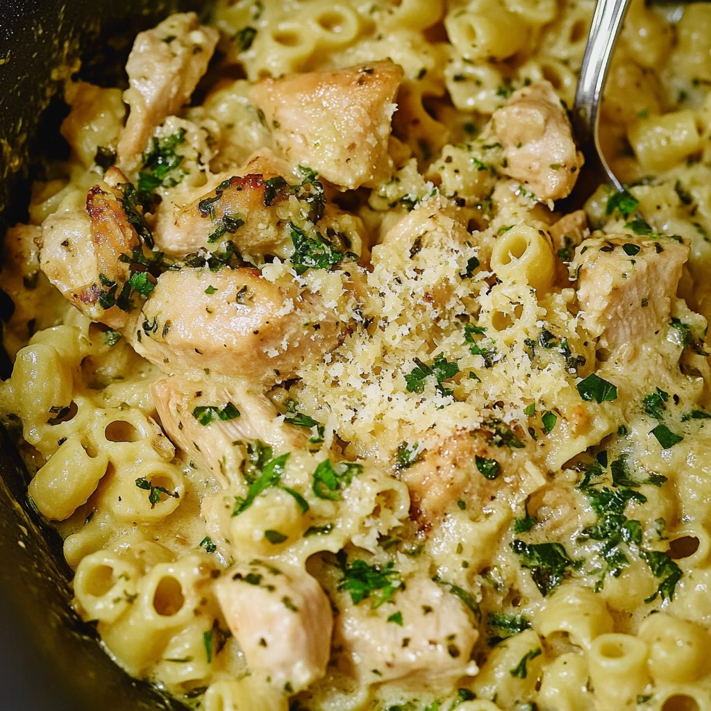 A close-up of creamy ditalini pasta topped with grated Parmesan and cherry tomatoes.