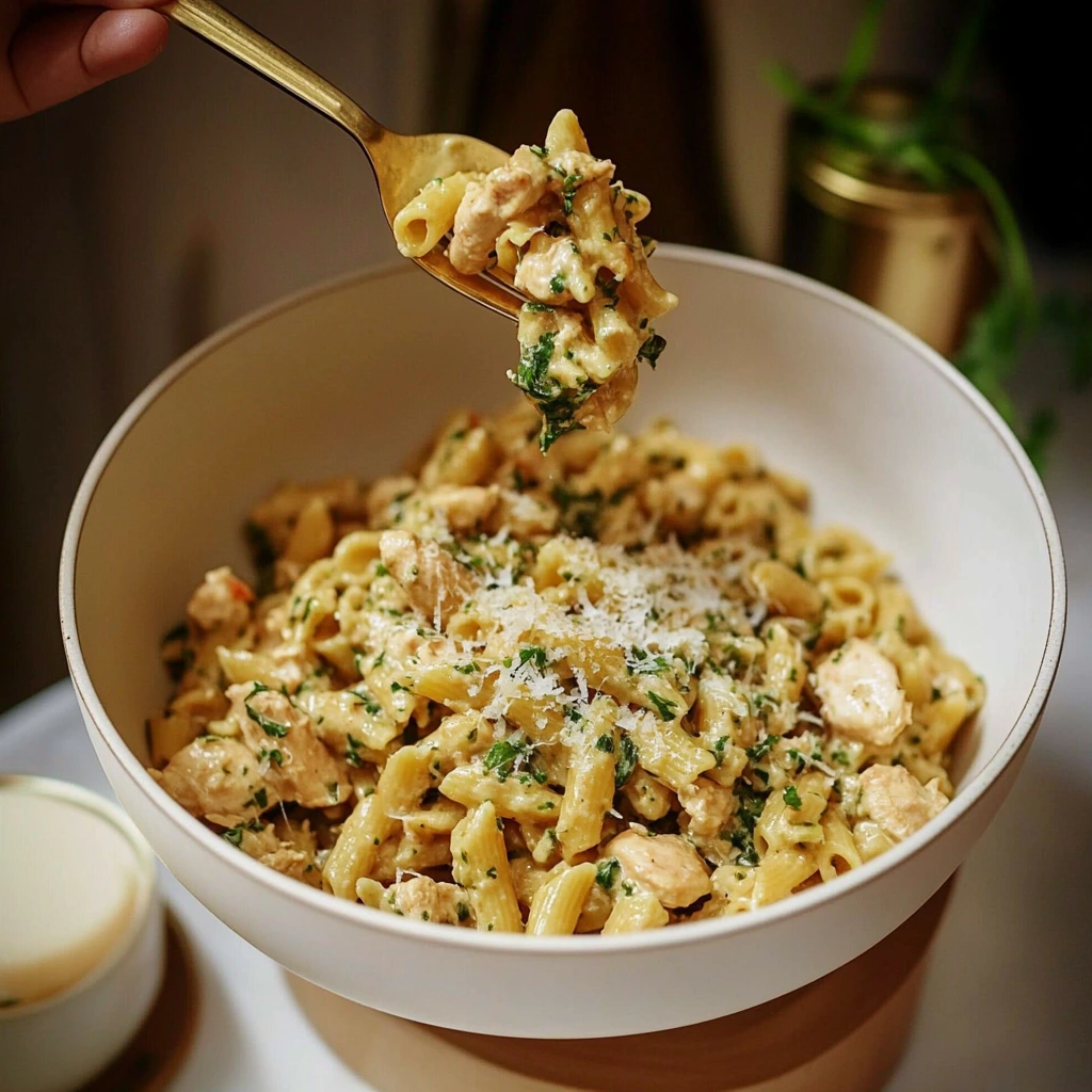 A bowl of creamy ditalini pasta topped with Parmesan cheese and fresh basil.