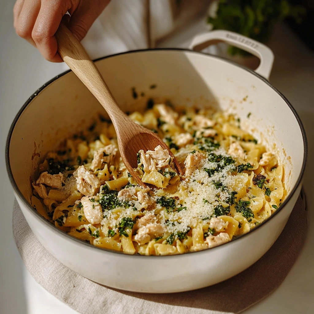 Creamy ditalini pasta simmering in a skillet with a rich Parmesan sauce and fresh spinach.