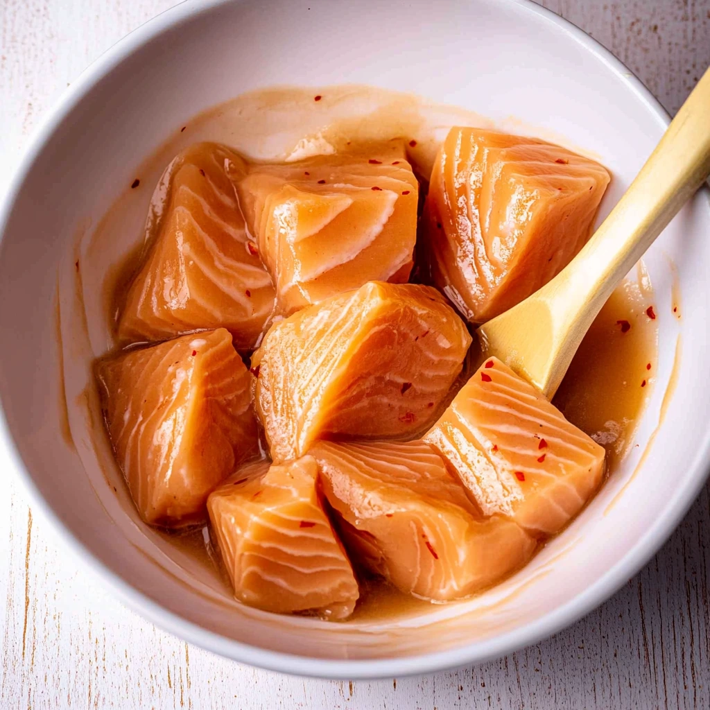 Salmon bites cooked in an air fryer, arranged with fresh herbs and a side of dipping sauce.