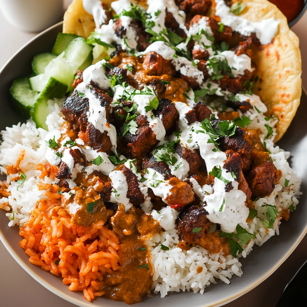 Close-up of juicy lamb over seasoned rice topped with fresh herbs