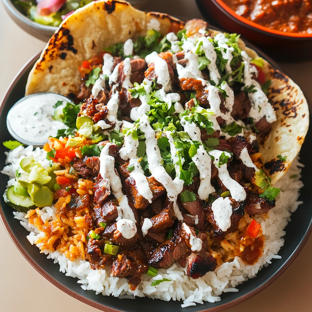 Lamb over rice served with side salad and pita bread