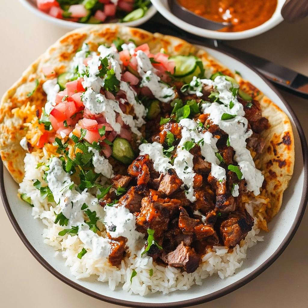 Tender lamb served over seasoned rice with fresh herbs