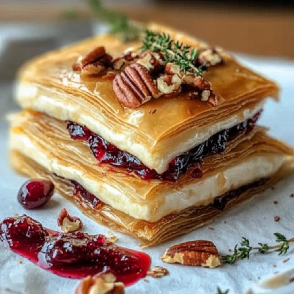 Crispy, golden-brown phyllo pastry filled with melted Brie, cranberry sauce, and pecans.
