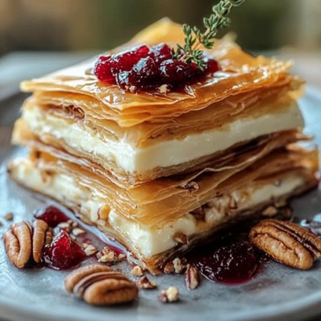 Unbaked phyllo pastry filled with Brie, cranberry sauce, and pecans, brushed with butter.