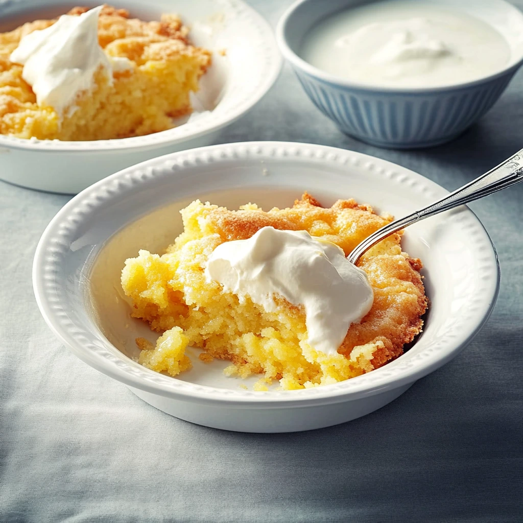 A close-up of a slice of lemon dump cake topped with whipped cream, revealing its moist, tangy layers.