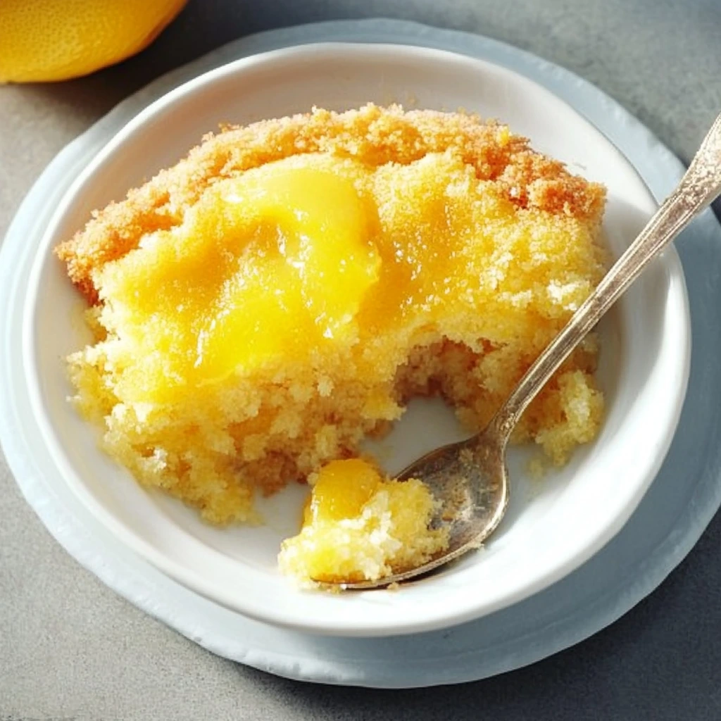 A freshly baked lemon dump cake with a golden, buttery crust, served in a 9x13-inch dish