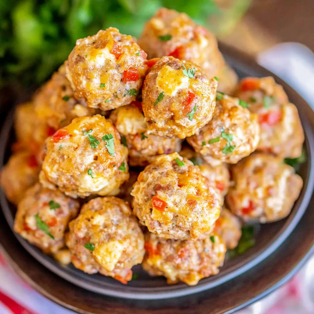 Close-up of Rotel Cream Cheese Sausage Balls on a baking sheet, golden and ready to serve.