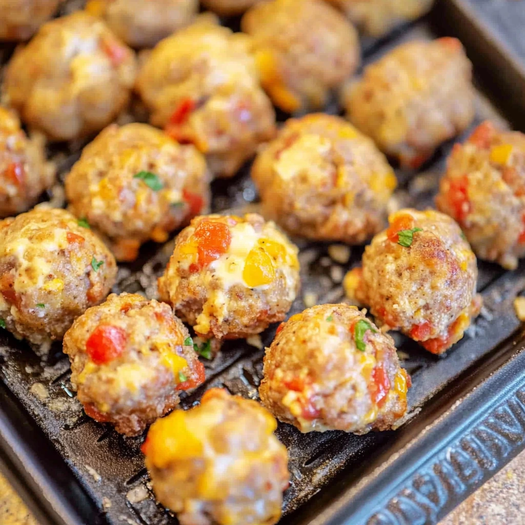 Mixing bowl with sausage, cream cheese, Rotel tomatoes, cheddar cheese, and biscuit mix.
