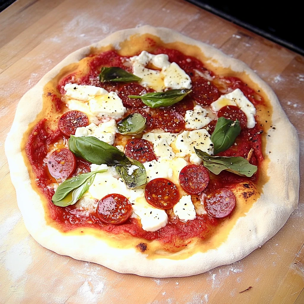 Soppressata Pizza baking on a pizza stone in the oven.