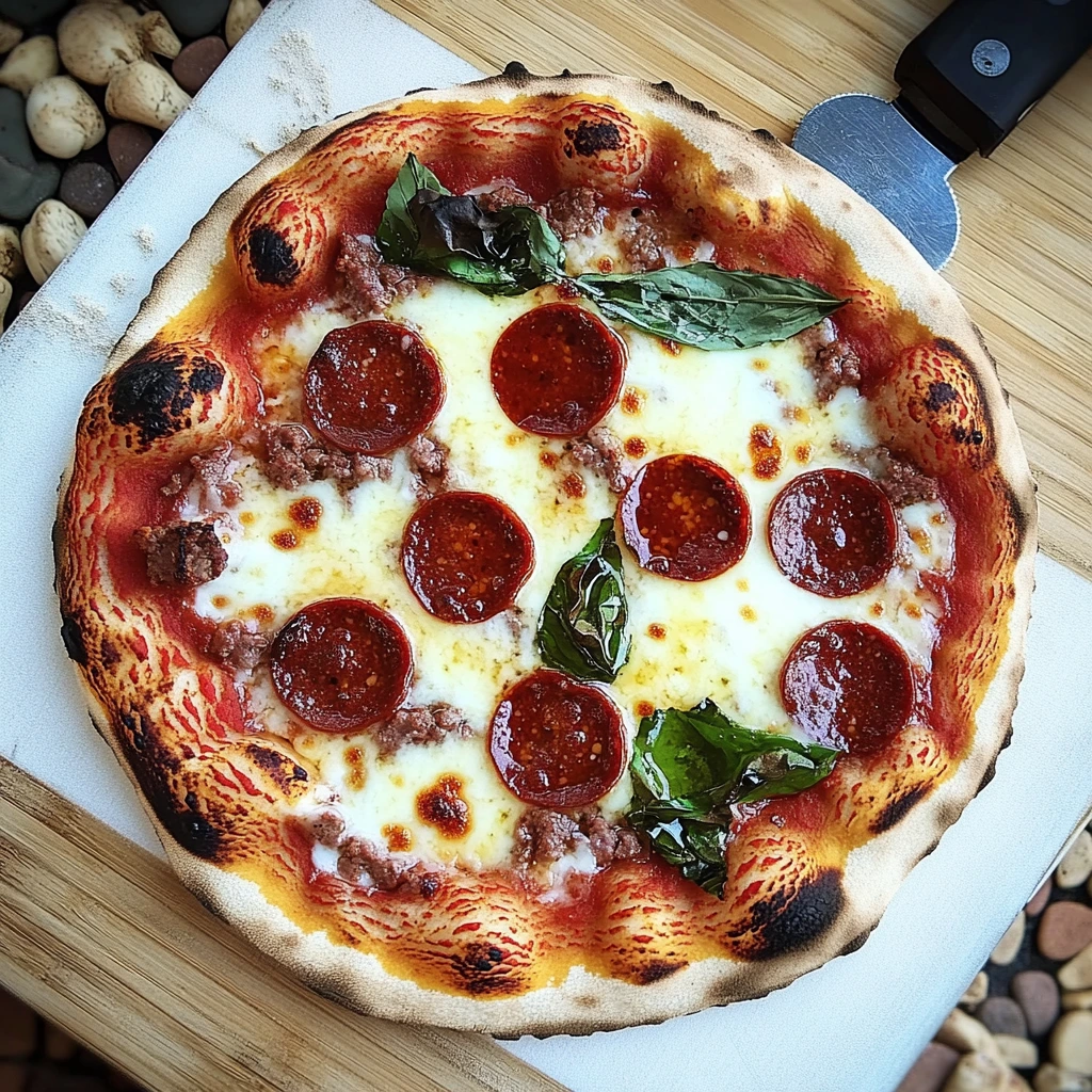 Close-up of Soppressata Pizza topped with fresh basil and honey drizzle.