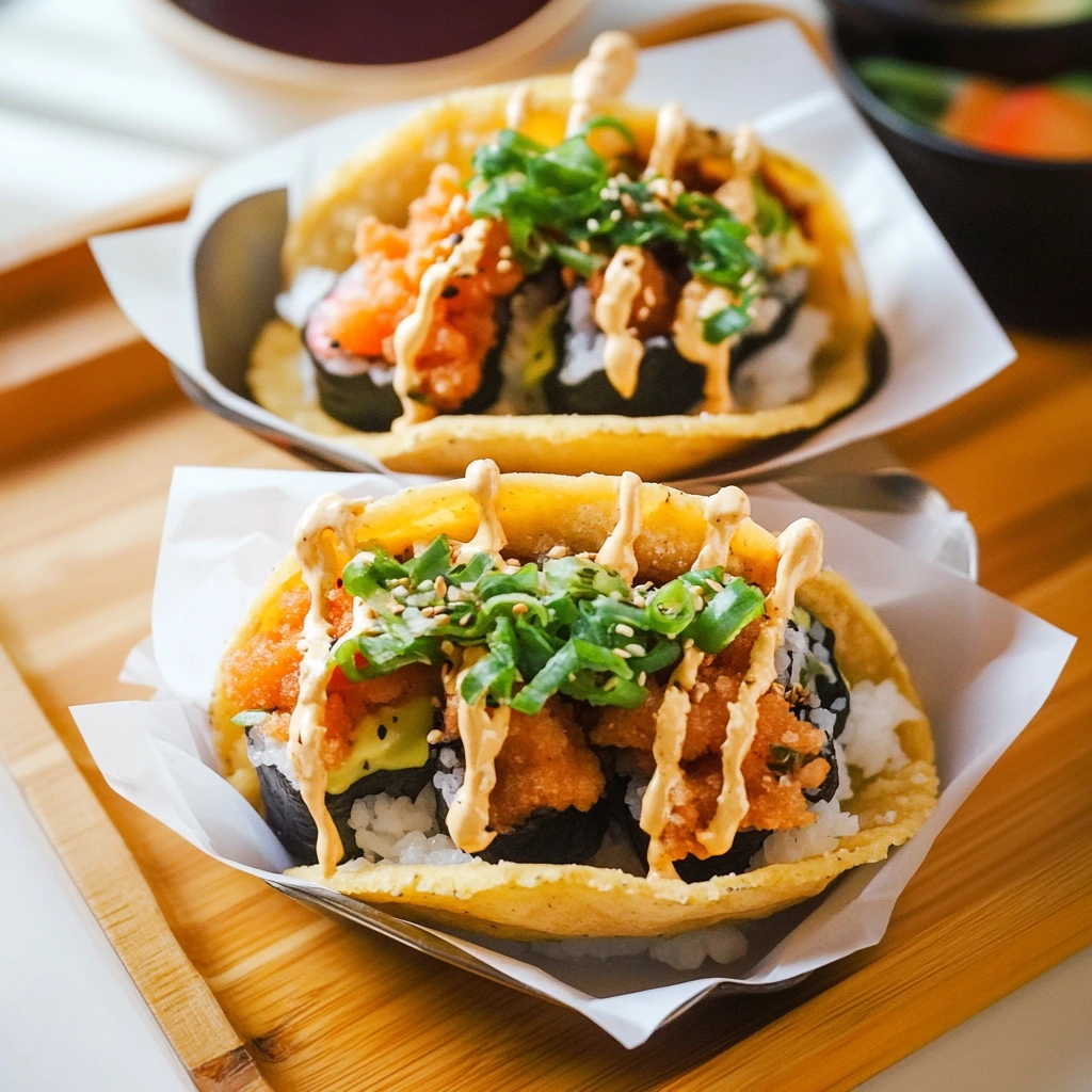 Close-up of sushi taco filled with marinated fish, avocado, and a sprinkle of sesame seeds for added flavor.