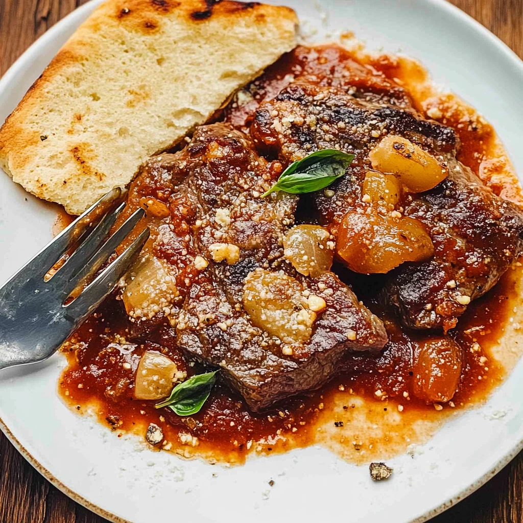 Close-up of steak pizzaiola showing the juicy steak nestled in tomato sauce with oregano and garlic.