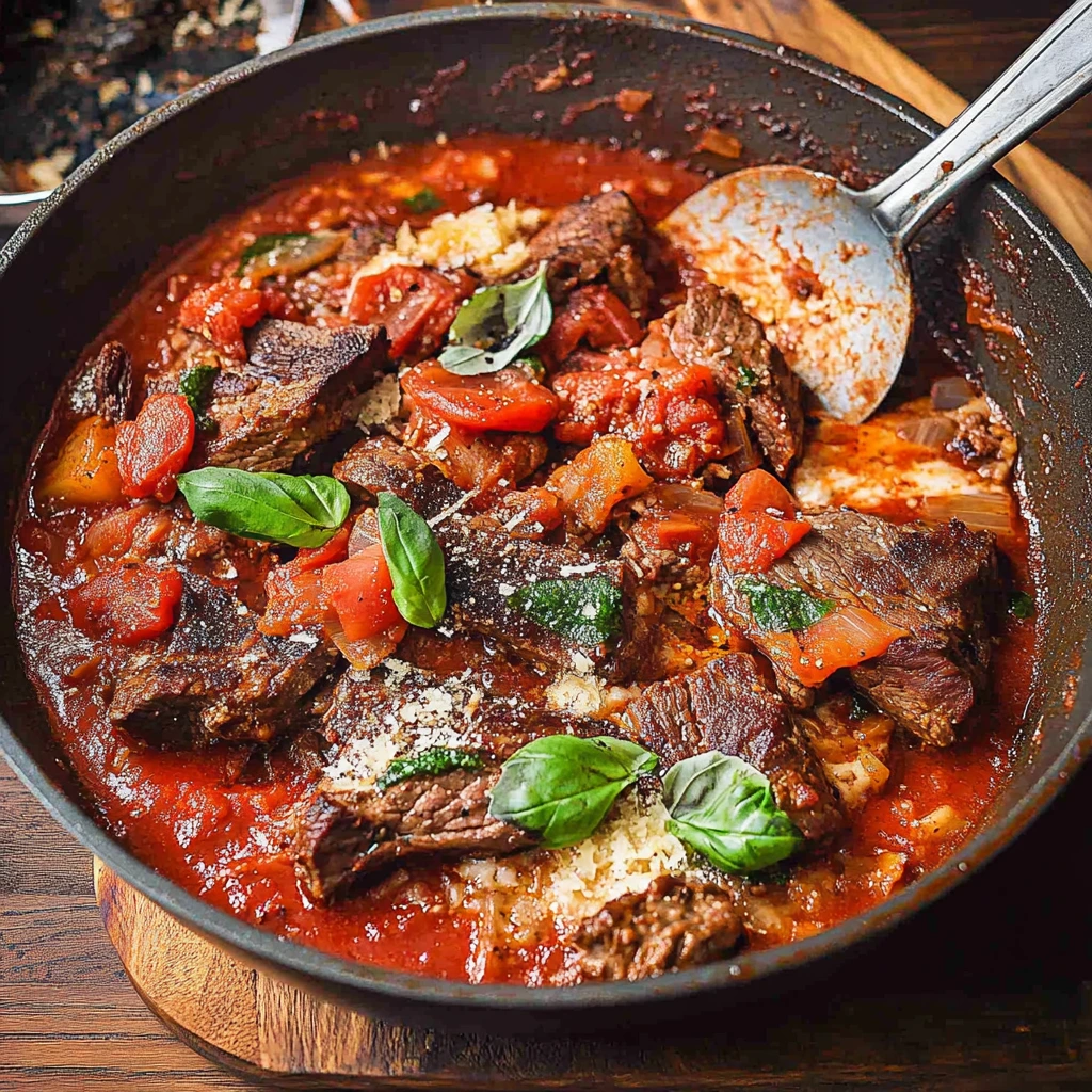 Plate of steak pizzaiola topped with fresh basil, served with a side of pasta.