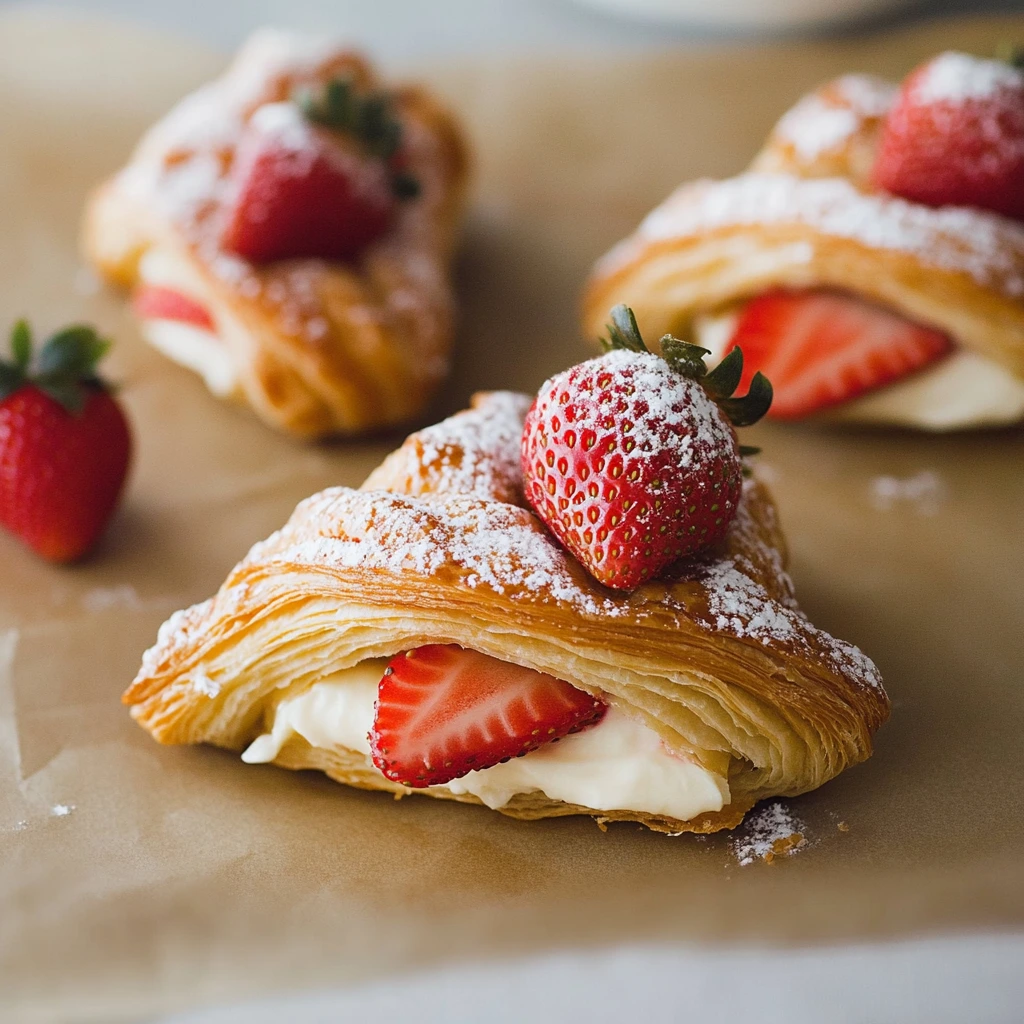 Ingredients for making strawberry croissants: fresh strawberries, cream cheese, vanilla, and croissant dough