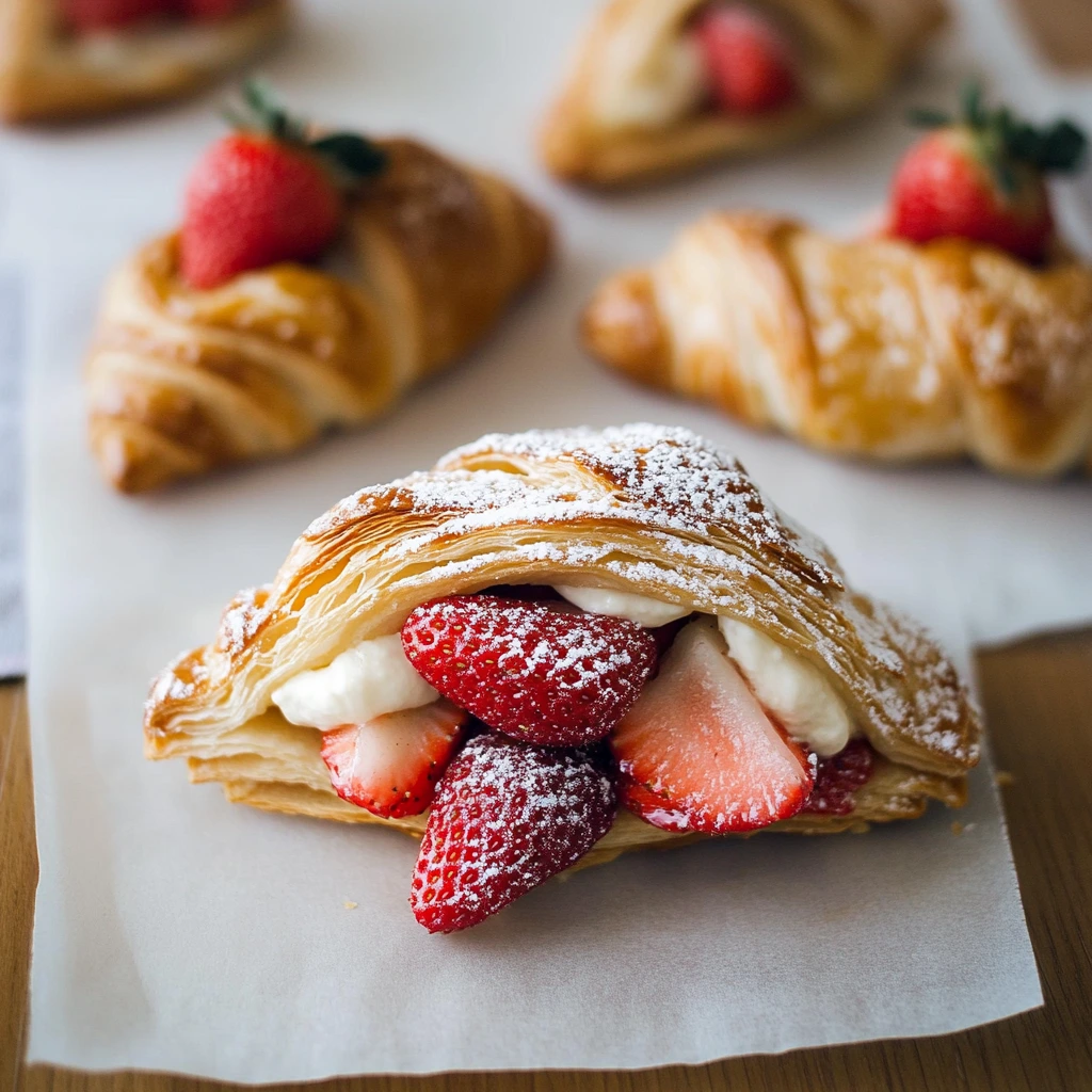 Freshly baked strawberry croissant with a flaky golden crust and sweet filling