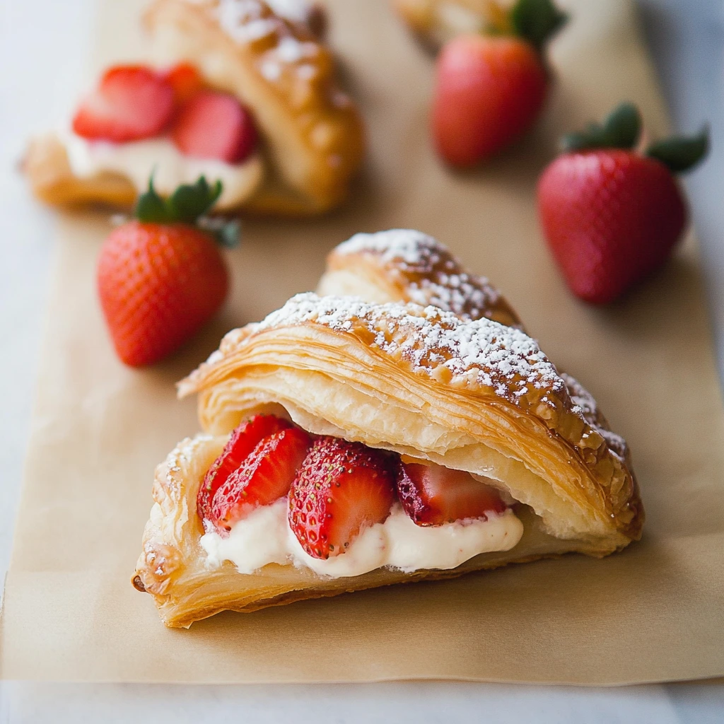 Delicious strawberry croissants served on a plate, topped with powdered sugar