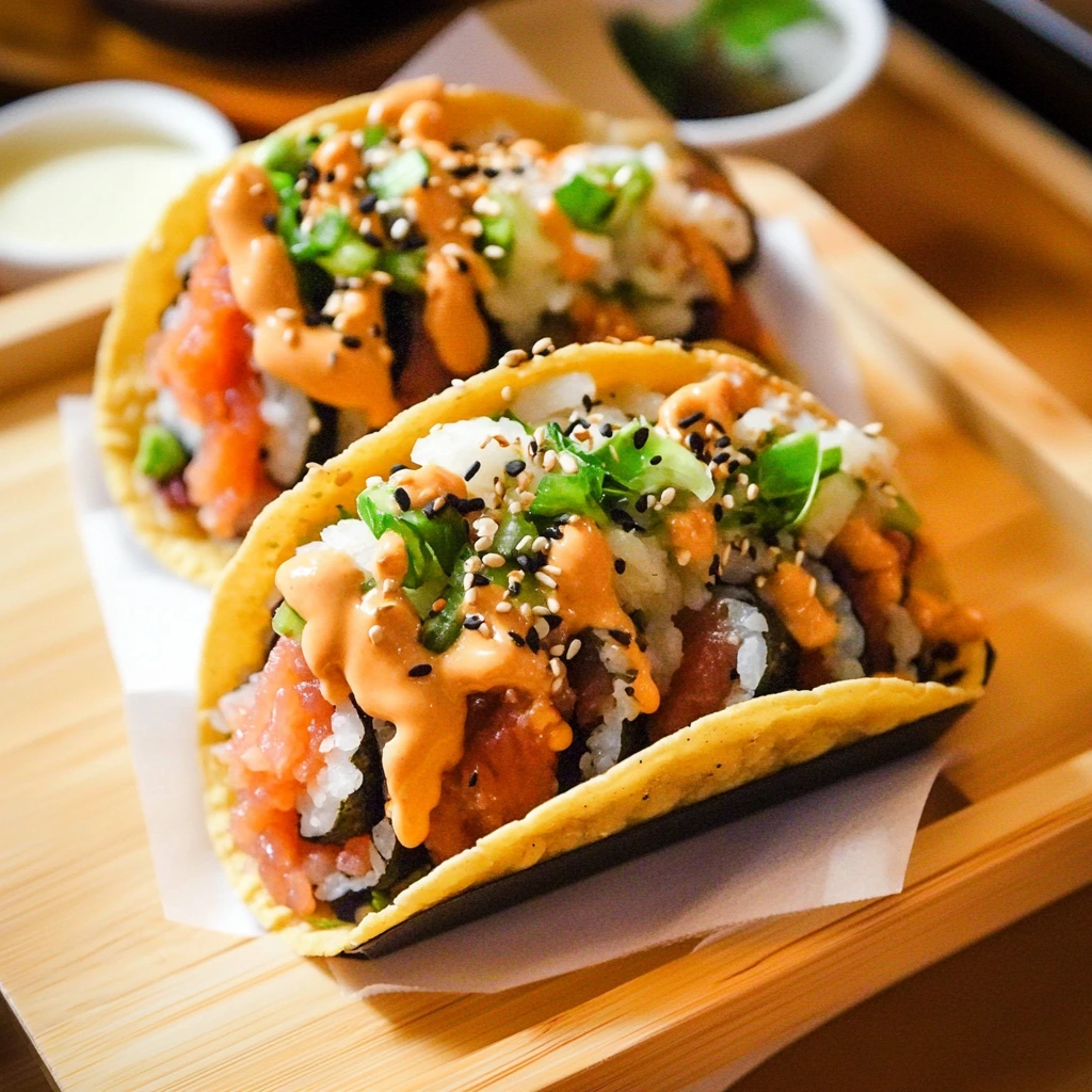 Freshly prepared sushi tacos with seasoned sushi rice, tuna, salmon, and vibrant garnishes on a plate.