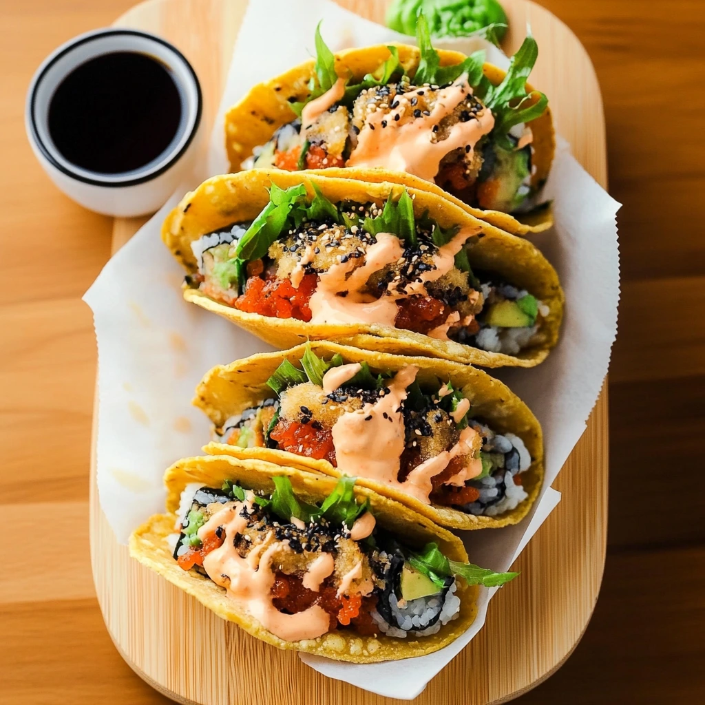 Colorful assortment of sushi tacos topped with green onions, edible flowers, and served with dipping sauces.