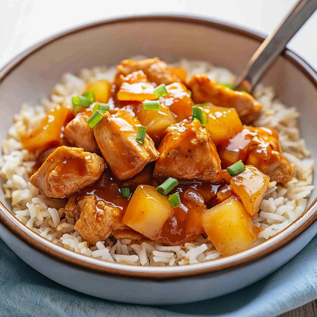 Sweet Hawaiian Crockpot Chicken served with rice and pineapple chunks.