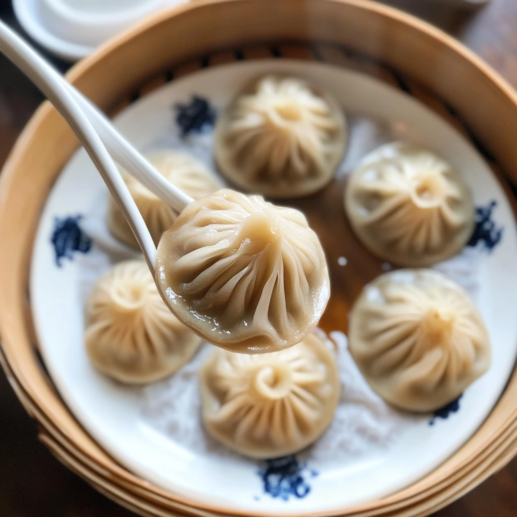 A close-up of a vegan soup dumpling cut open to reveal the savory filling and rich broth inside.