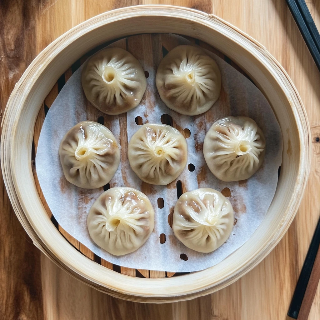 Vegan soup dumplings steaming in a bamboo basket lined with parchment paper.