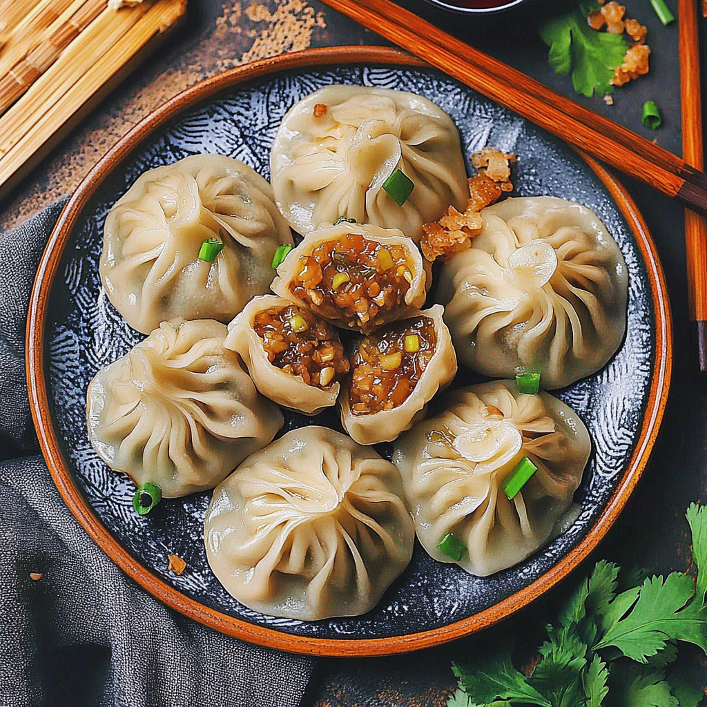 A plate of freshly steamed vegan soup dumplings with dipping sauce on the side.