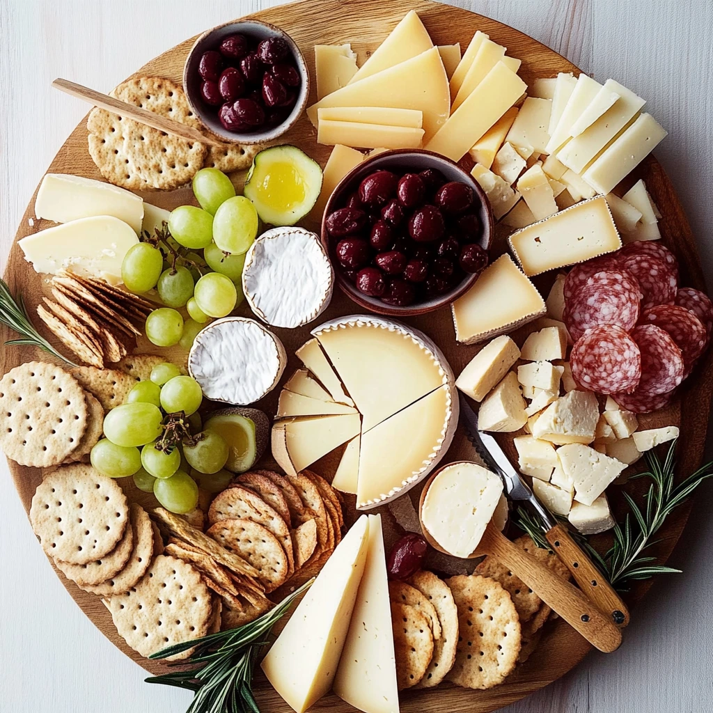An elegant cheese and cracker platter arranged with fruits, nuts, and a selection of cheeses, ideal for parties.