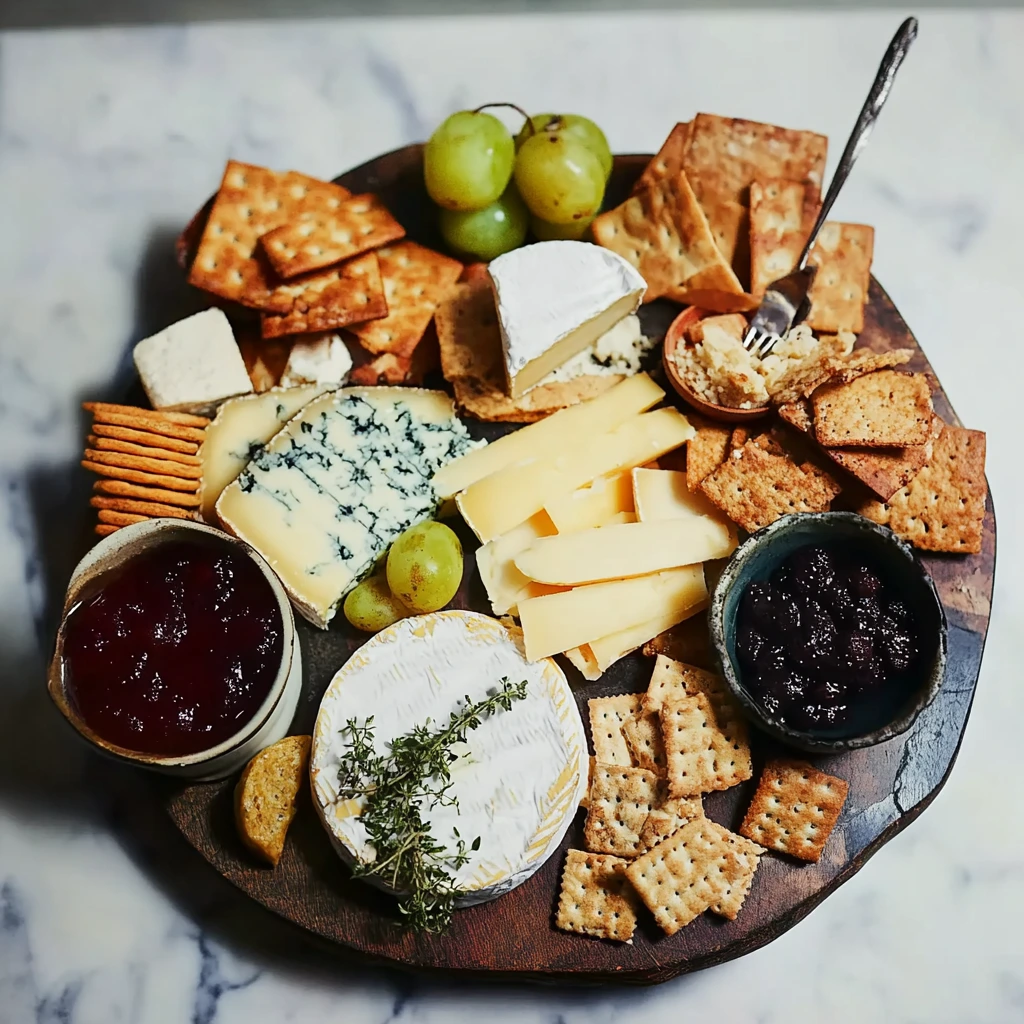 A close-up of a cheese platter featuring soft cheeses like brie and goat cheese, accompanied by crunchy crackers