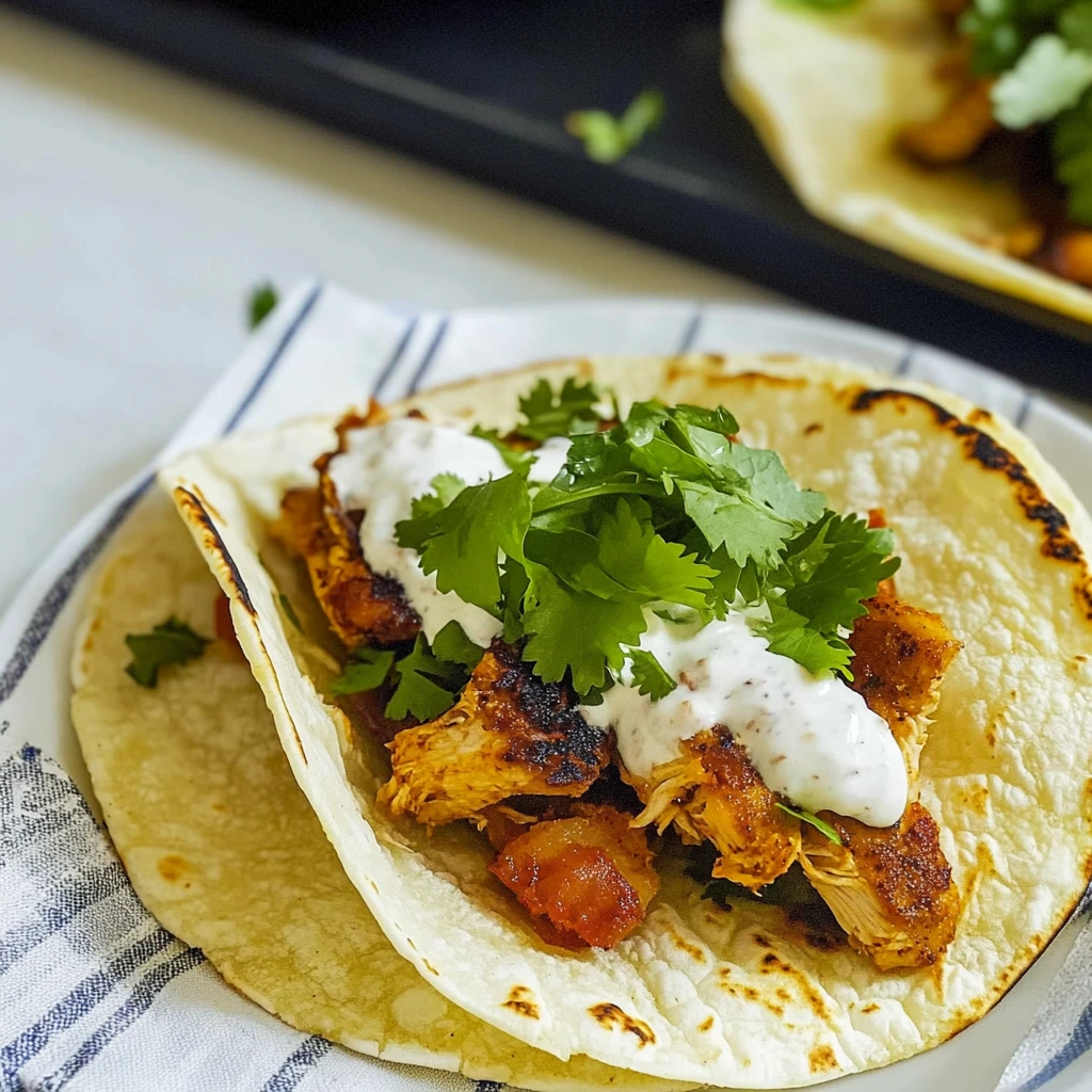 Close-up shot of Sharma Tacos filled with marinated chicken, diced tomatoes, and cilantro on a soft taco shell.