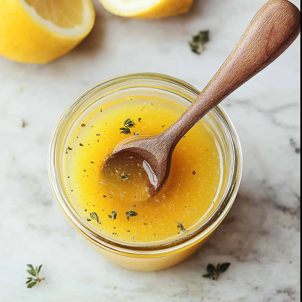 Lemon Dijon dressing drizzled on a fresh salad with veggies.