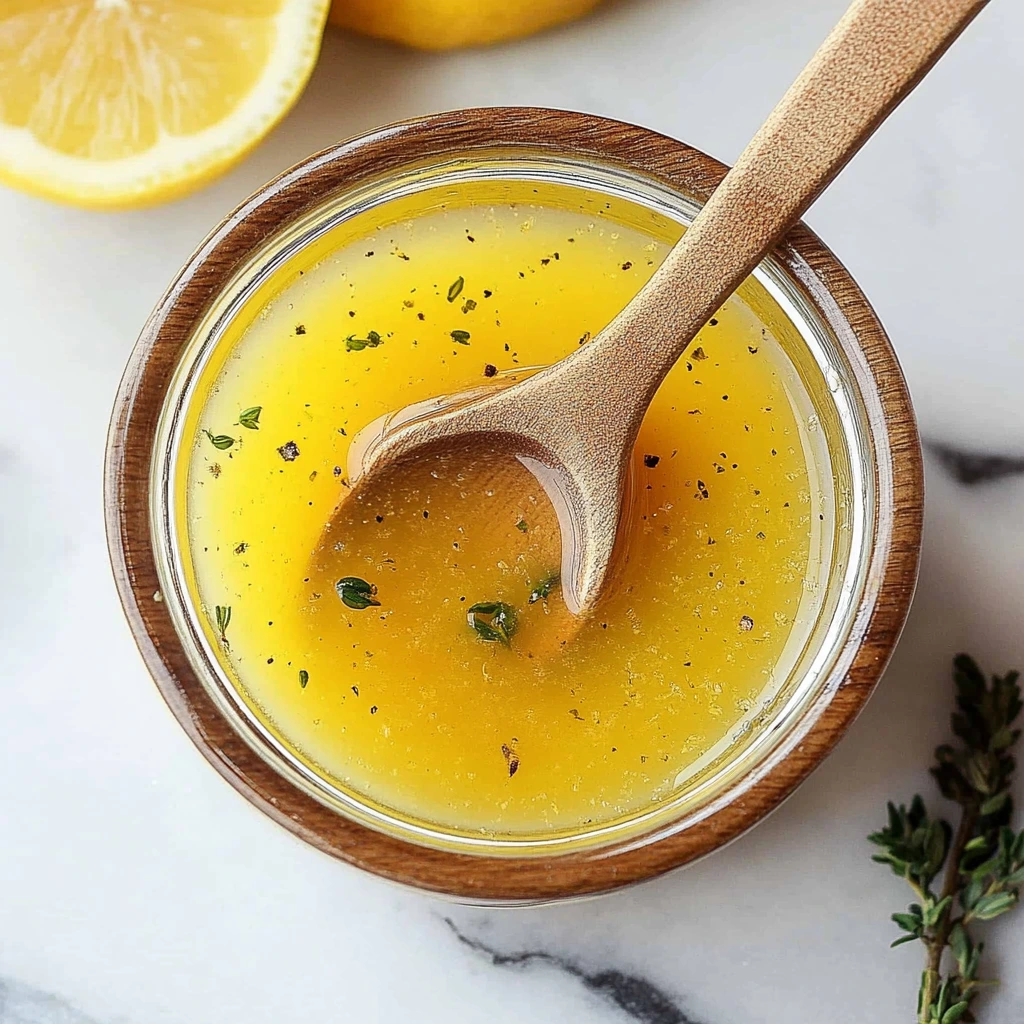 Homemade Lemon Dijon Dressing in a jar with fresh lemon and Dijon mustard.